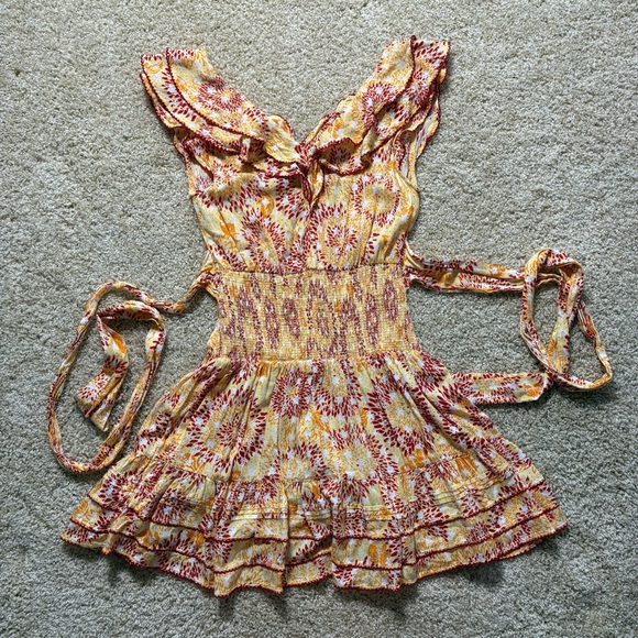 Poupette St Barth Della Mini Dress XS Yellow Floral Ruffle Boho Vacation - Picture 5 of 5